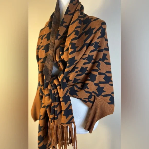Soia & Kyo Miku Brown and Black Houndstooth Women's Scarf Wrap Coat, O/S, NWT